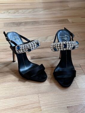 Giuseppe Zanotti Black Satin Heels with Crystal and Blue Gem Straps